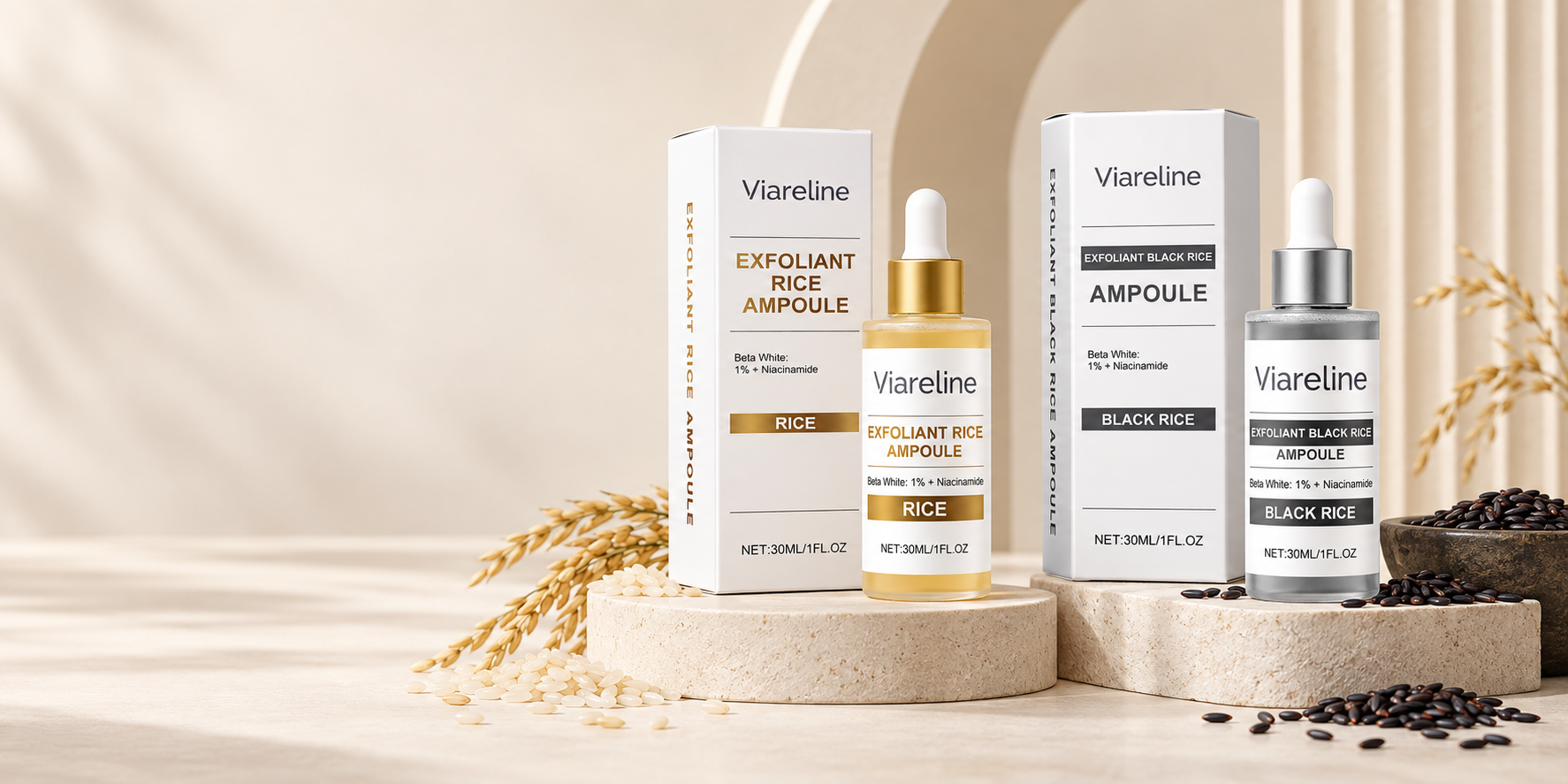 Viareline Rice and Black Rice Exfoliant Ampoule bottles and cartons