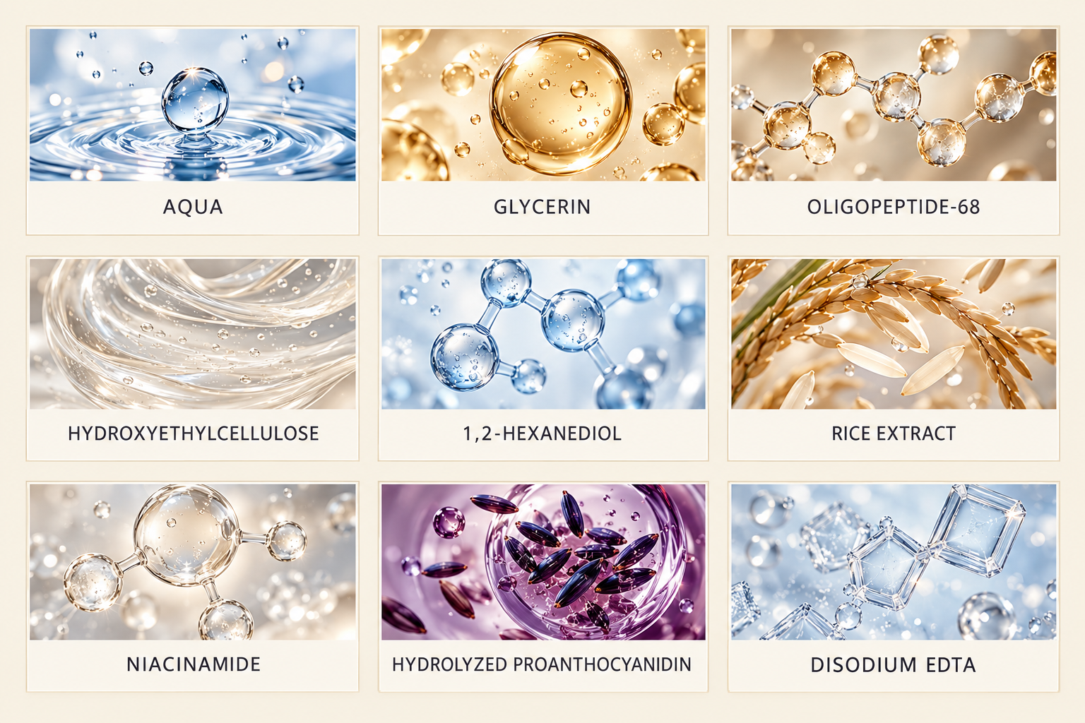 Illustrated Viareline ingredient guide showing Aqua, Glycerin, Oligopeptide-68, Hydroxyethylcellulose, 1,2-Hexanediol, Rice Extract, Niacinamide, Hydrolyzed Proanthocyanidin and Disodium EDTA